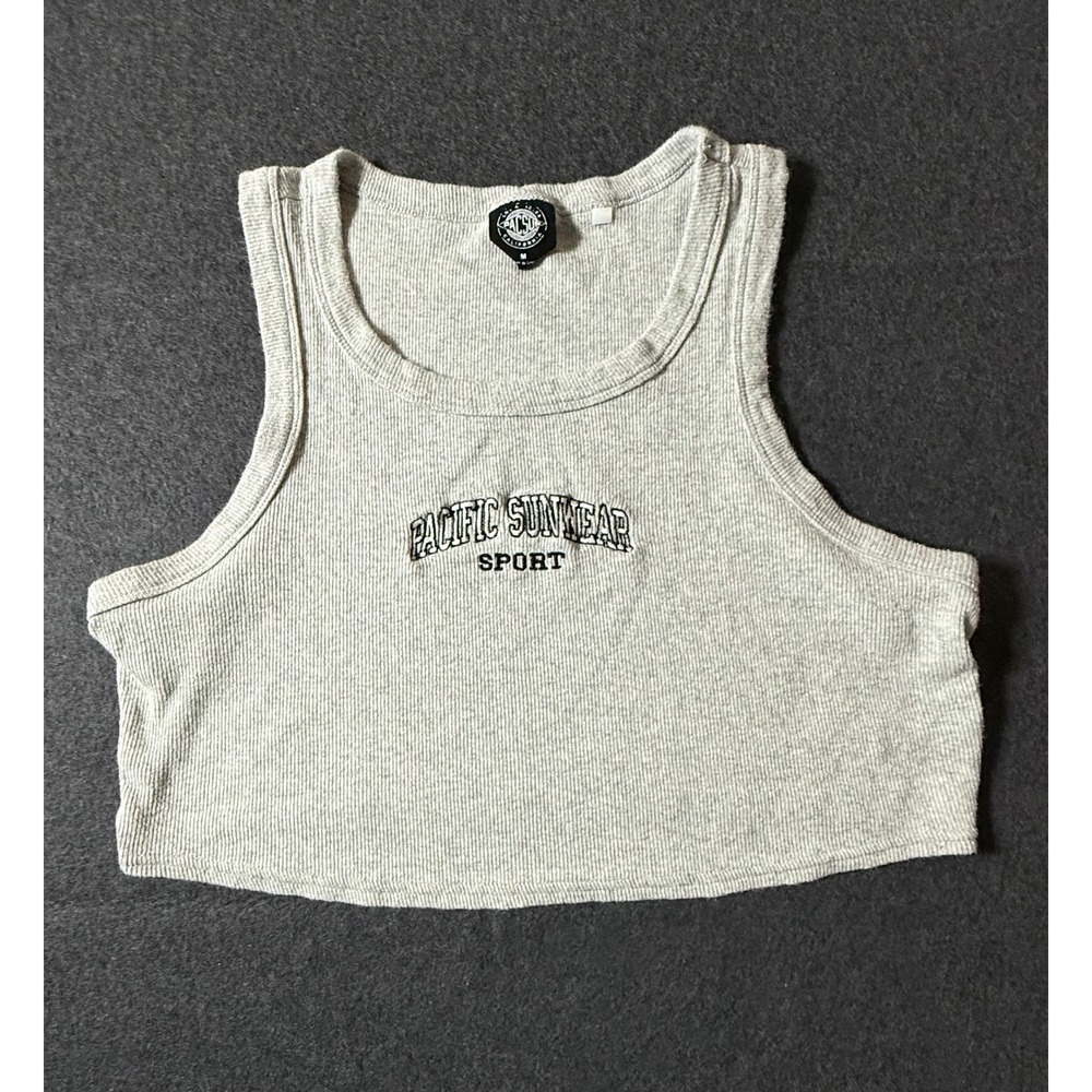 PacSun Sport Ribbed Crop Tank Top Heather Gray Embroidered Logo Womens Medium